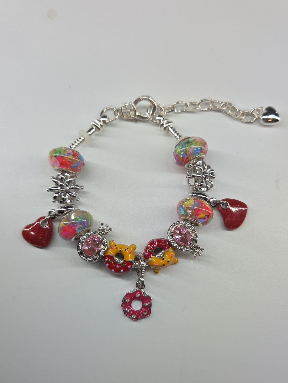 Silver-Tone Donut Charm Bracelet. Pandora Style W/extension.